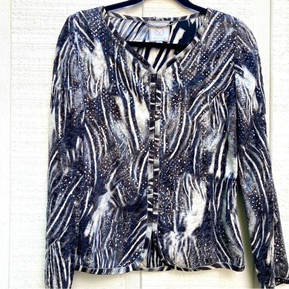 St. John Knit COUTURE Black White Paillettes Jacket Cardigan SZ 4 RT $1995